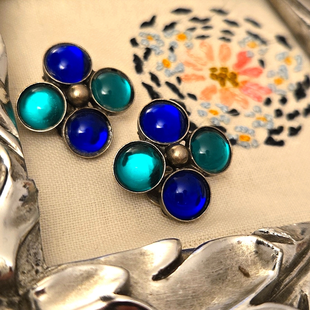 Vintage Germany Blue and Green Cabachon Clip Earrings